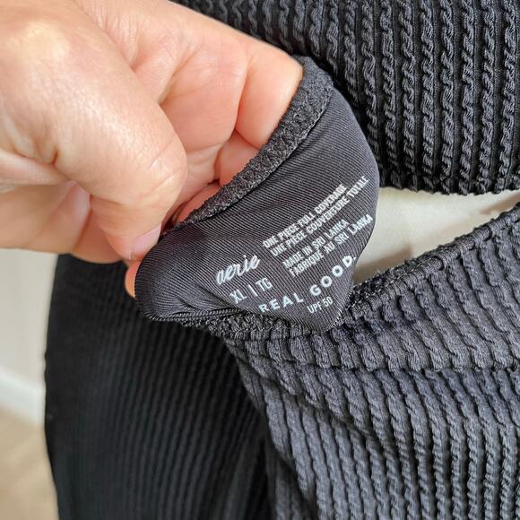 Aerie Black Ribbed One Shoulder One Piece Swimsuit Cutout Size XL - Picture 5 of 7